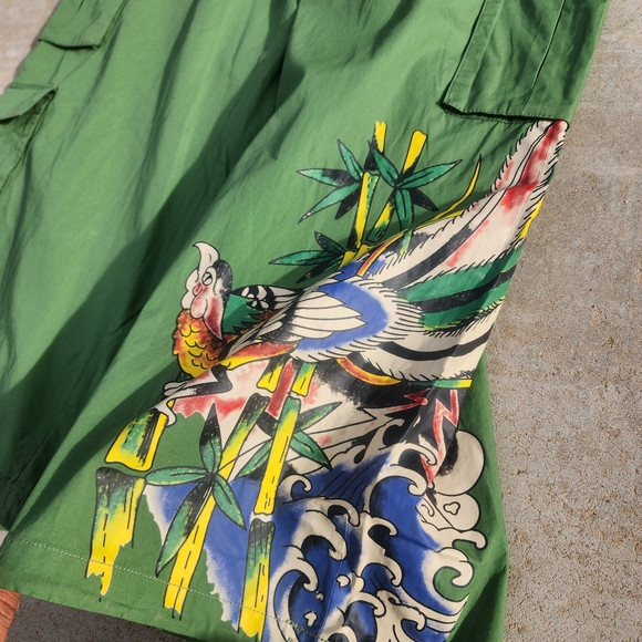 NWT Ed Hardy Cotton Peacock Poplin Wide Leg Army Green Cargo Pant Women's L - Picture 7 of 10